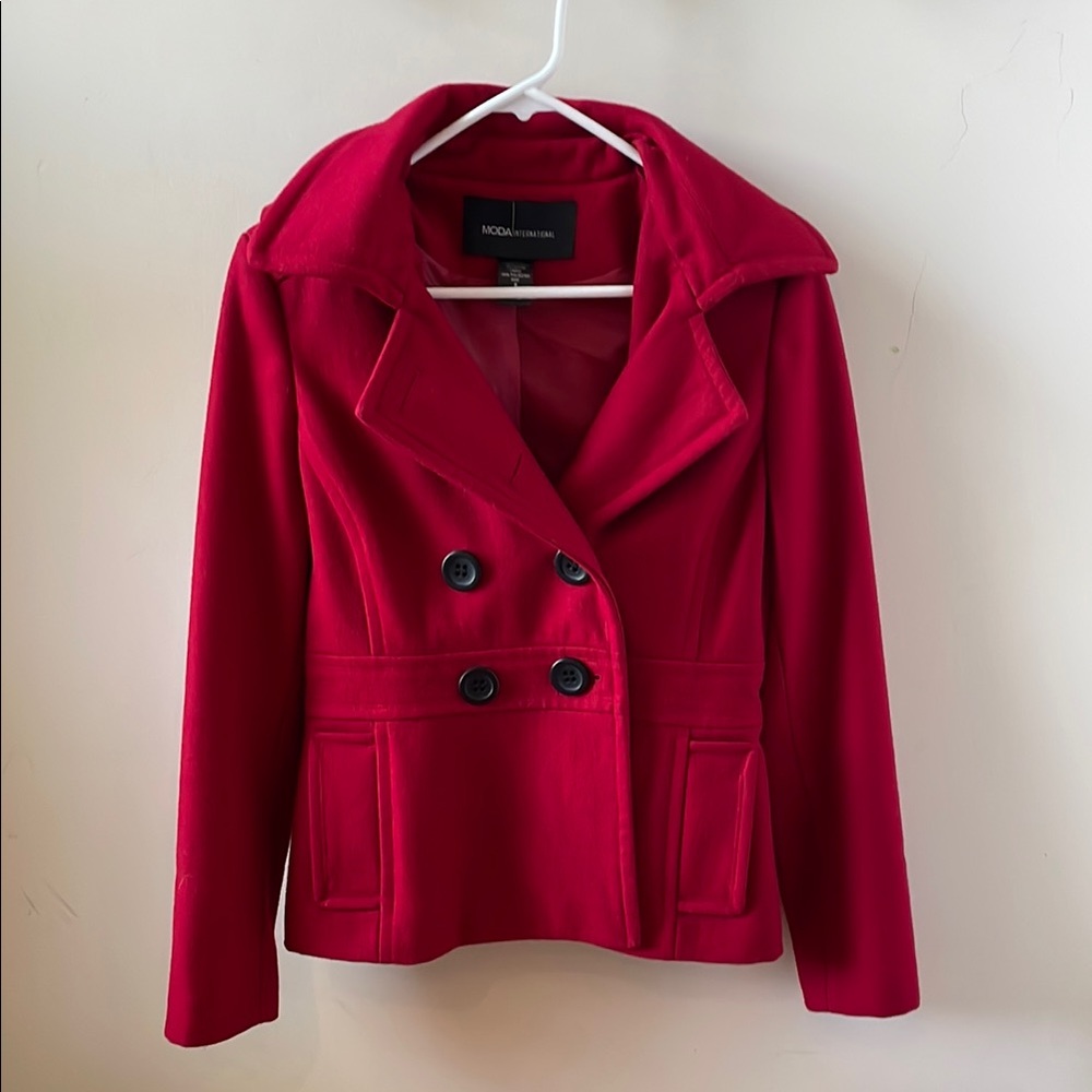 Moda International Hooded Wool Pea Coat Red Double-Breasted Women's Small